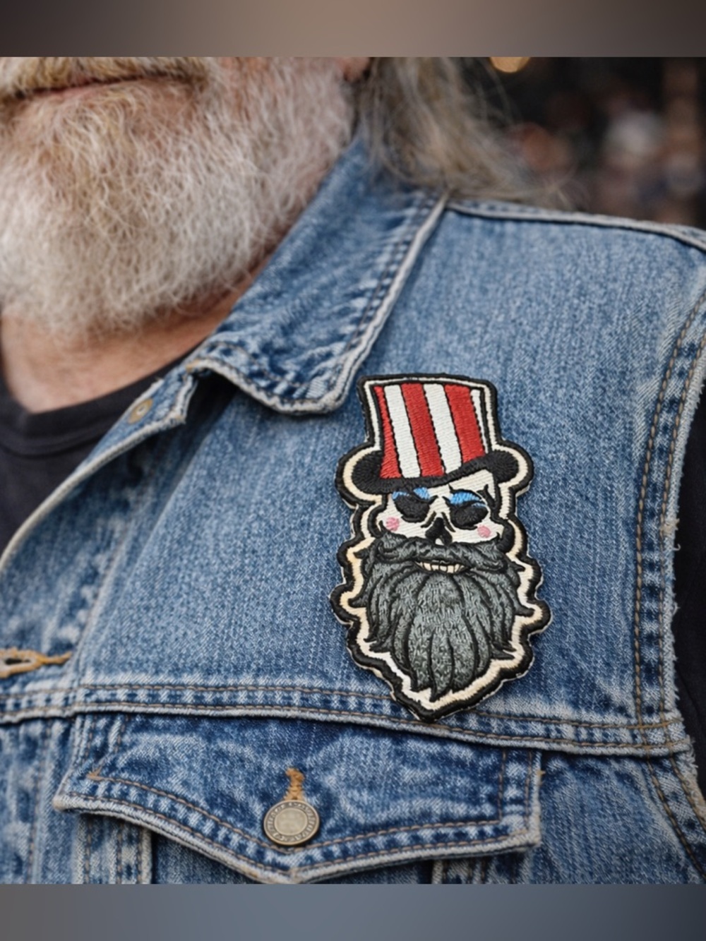 Patriotic Skull Patch Uncle Sam Hat Embroidered Sew-On Biker Goth
